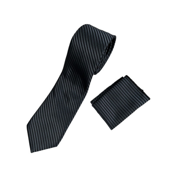 ست کراوات دستمال جیب راه راه مشکی طوسی