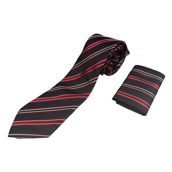 ست کراوات و دستمال جیب راه راه سرمه ای زرشکی