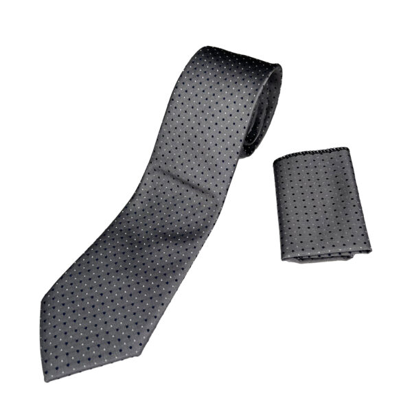 ست کراوات و دستمال جیب طوسی طرح نقطه مشکی و سفید