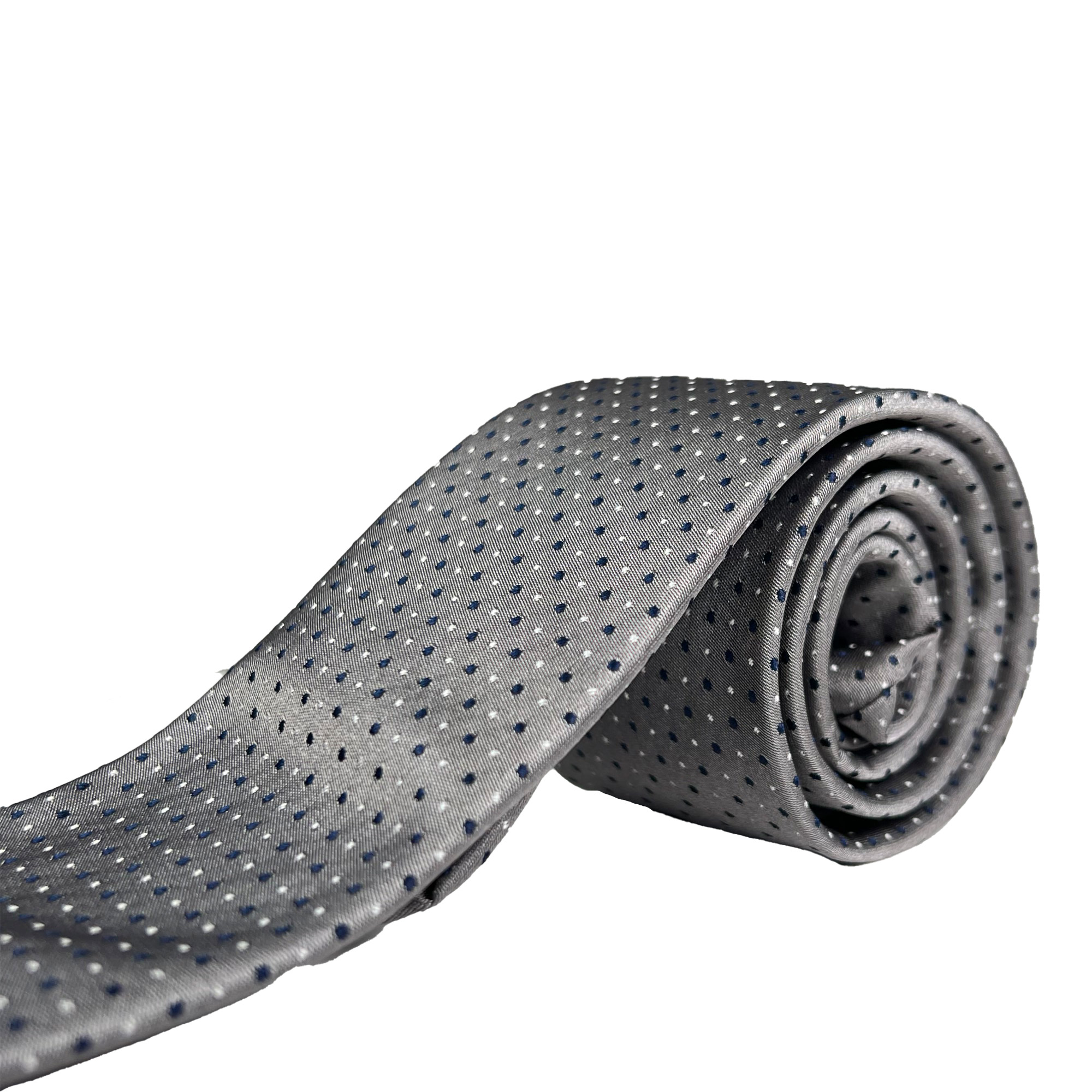 ست کراوات و دستمال جیب طوسی طرح نقطه مشکی و سفید